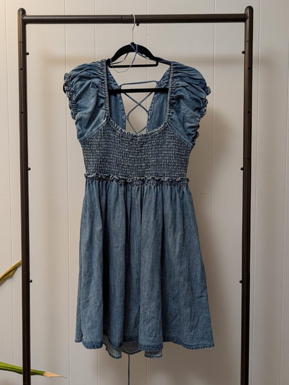 Free People Daphne Denim Mini Dress Smocked Lace Up Back Size M NWT